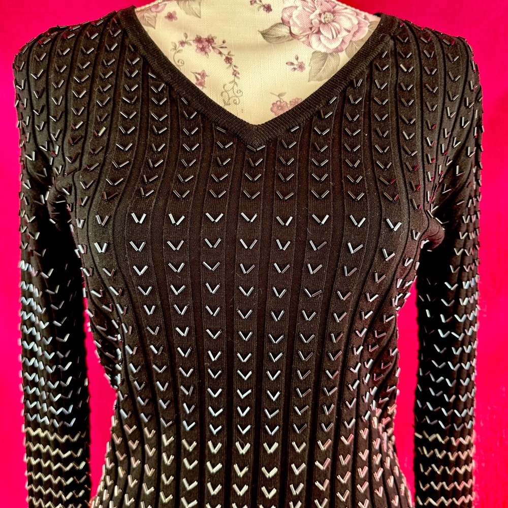 Black Beaded Ribbed Knit Long Sleeve‎ Sweater Glam Party Belldini Small